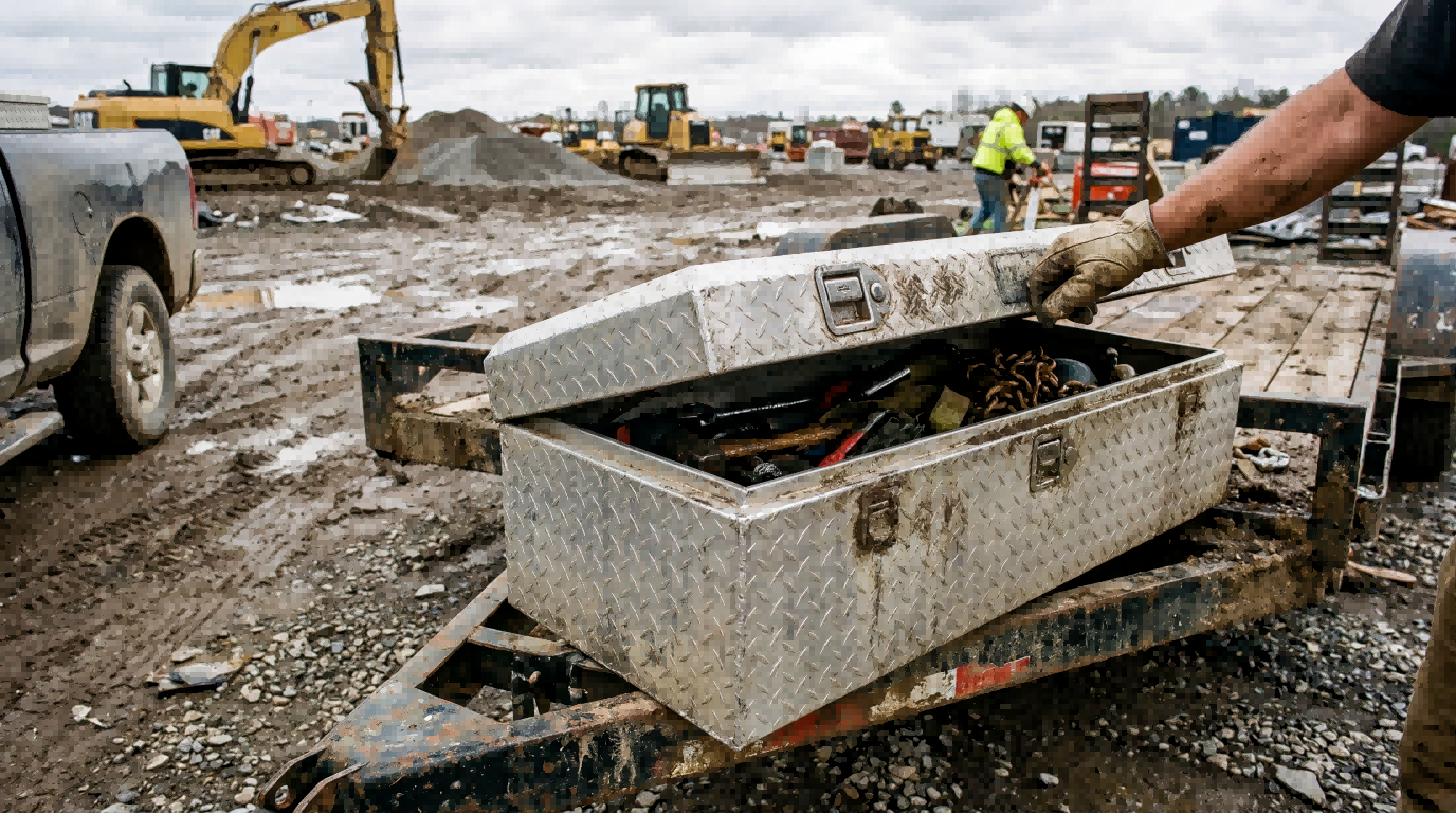 Aluminum A-frame trailer toolbox mounted on a utility trailer, loaded with chains and towing gear near the jack and coupler area